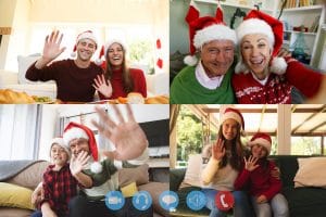 Celebrating the Season with Your Family Member Four screens showing people wearing santa hats having video chat interacting with family