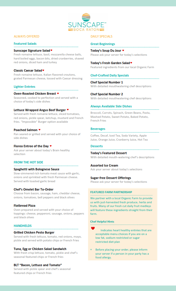 Sunscape Boca Menu