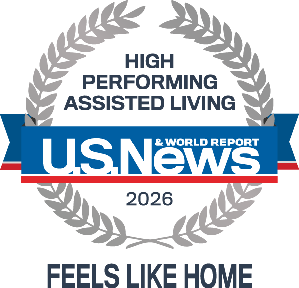 Award badge for 2026 High Performing Assisted Living from U.S. News & World Report, with 'Feels Like Home' tagline
