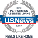 Award badge: US News & World Report 2026 High-Performing Assisted Living with 'Feels Like Home' tagline